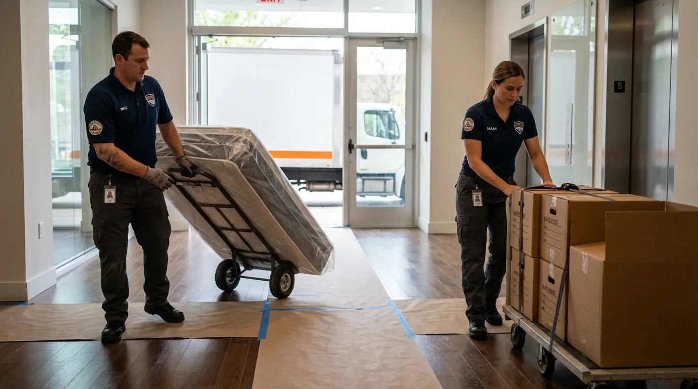 Professional apartment movers loading elevator in Hiawassee, GA
